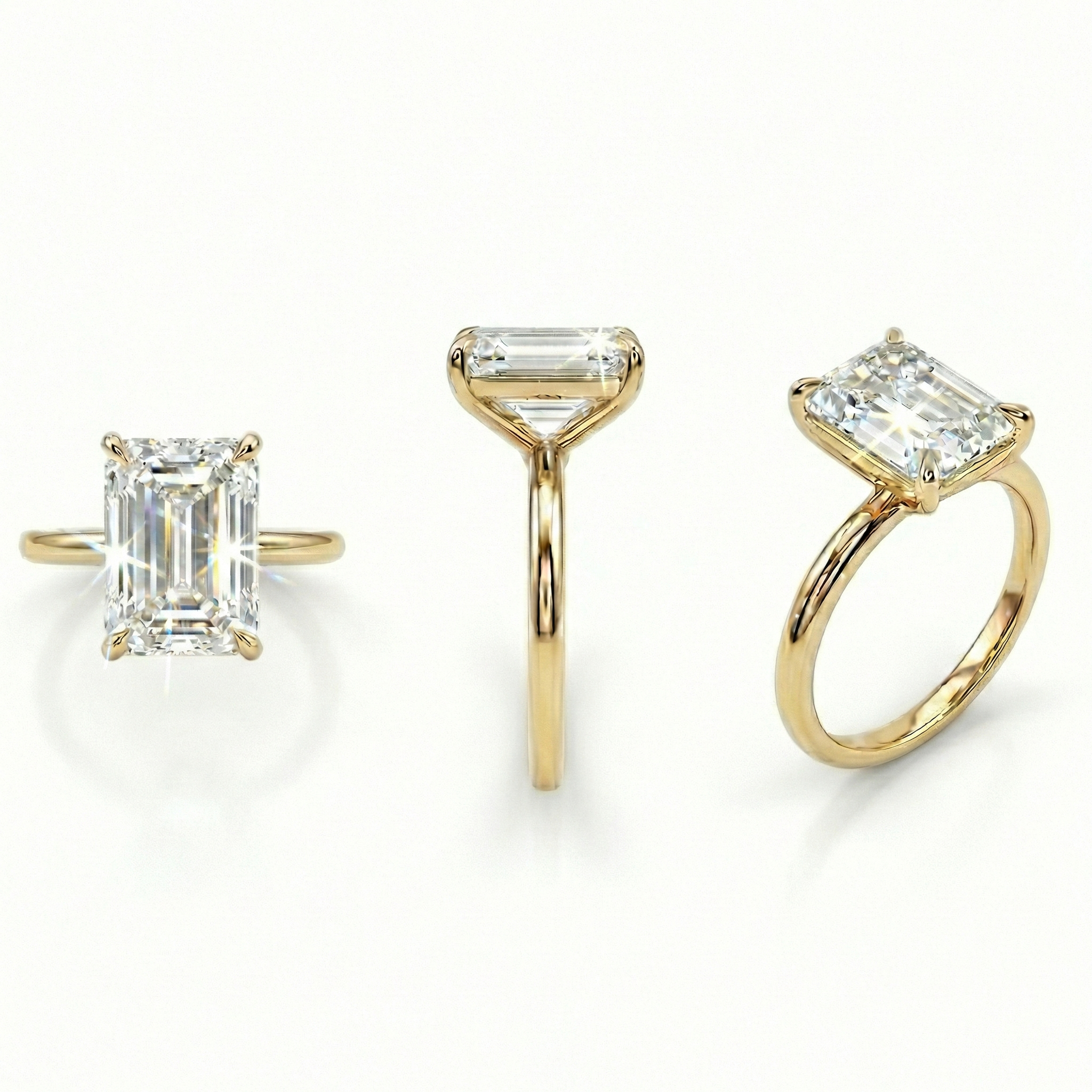 Side profile and angled views of a 14K gold engagement ring featuring a 4-carat emerald cut lab-created diamond in a secure open gallery four-prong setting.