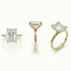 Side profile and angled views of a 14K gold engagement ring featuring a 4-carat emerald cut lab-created diamond in a secure open gallery four-prong setting.