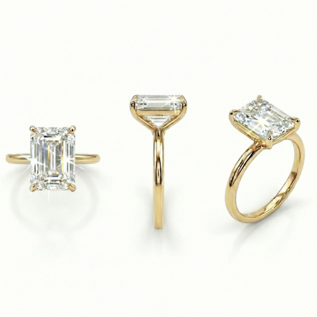 Side profile and angled views of a 14K gold engagement ring featuring a 4-carat emerald cut lab-created diamond in a secure open gallery four-prong setting.