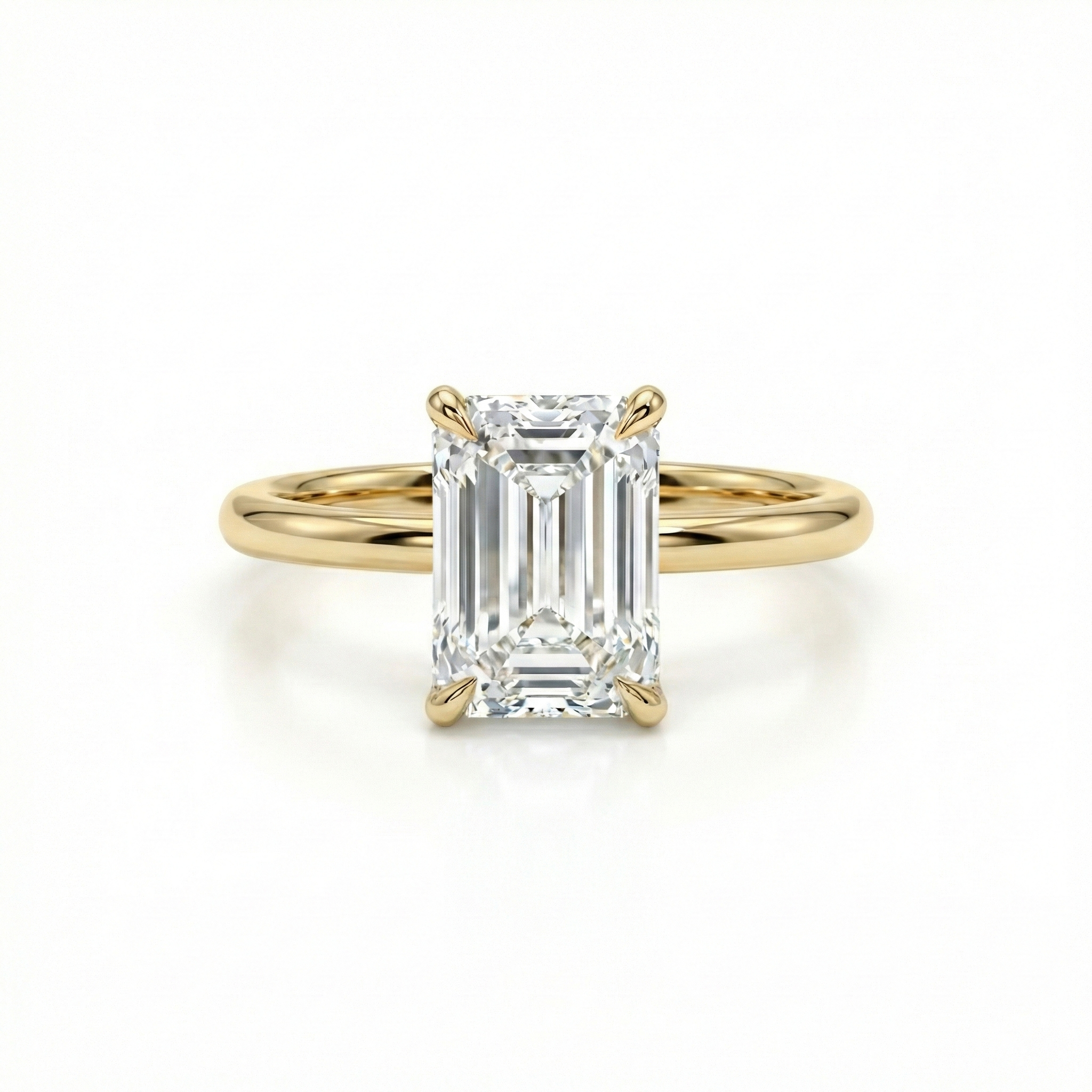 Top-down orthographic view of a flawless 4-carat emerald cut lab diamond ring in 14K gold, displaying excellent symmetry and polish.