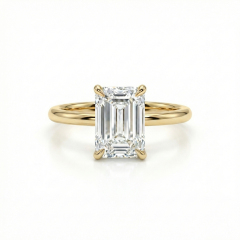 Top-down orthographic view of a flawless 4-carat emerald cut lab diamond ring in 14K gold, displaying excellent symmetry and polish.