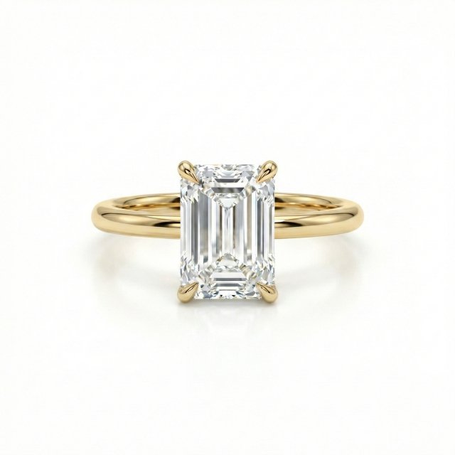 Top-down orthographic view of a flawless 4-carat emerald cut lab diamond ring in 14K gold, displaying excellent symmetry and polish.