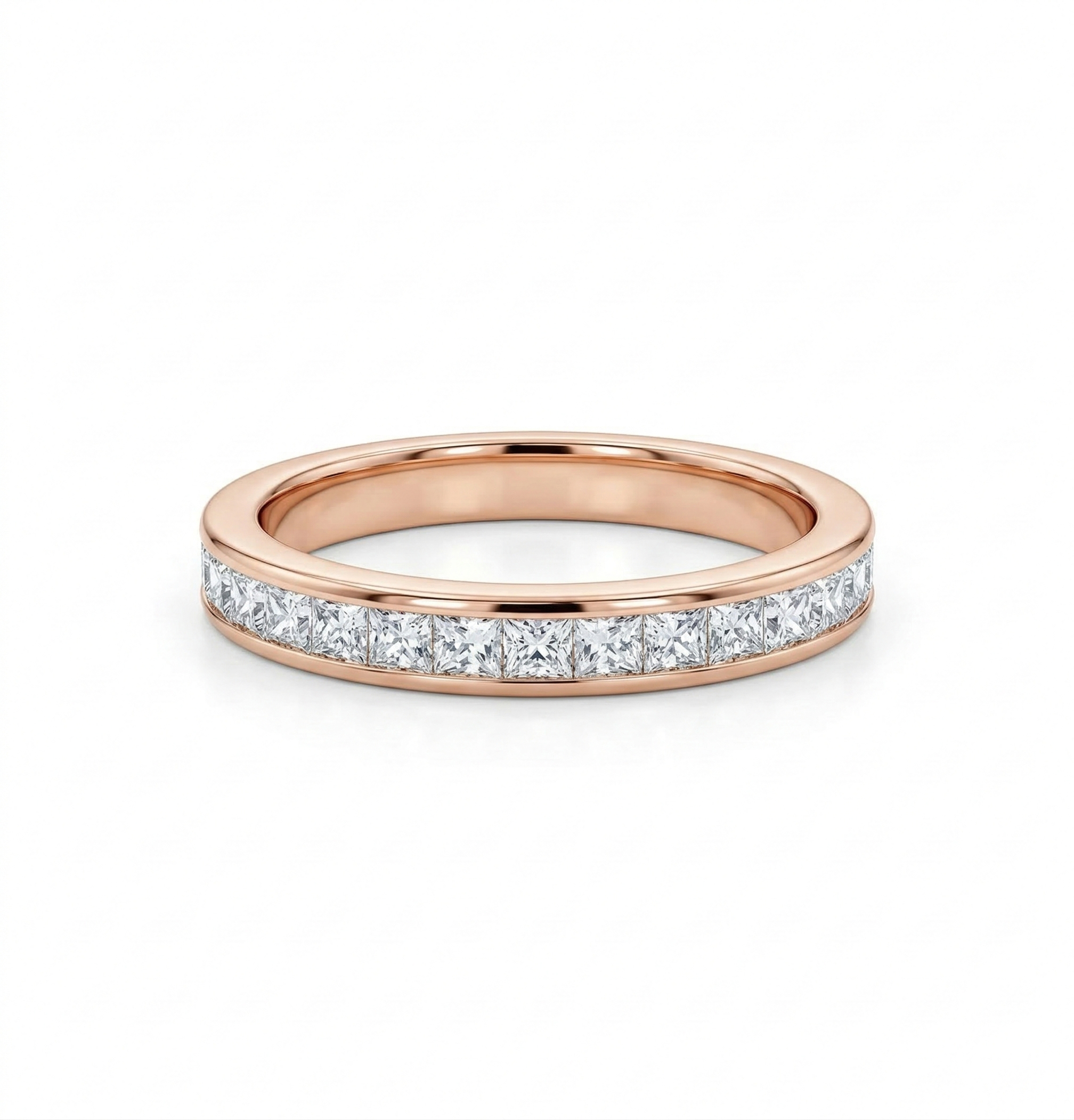 Front view of an 18K rose gold wedding ring featuring a seamless channel setting with high-clarity princess cut lab created diamonds.
