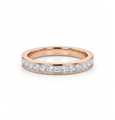 Front view of an 18K rose gold wedding ring featuring a seamless channel setting with high-clarity princess cut lab created diamonds.