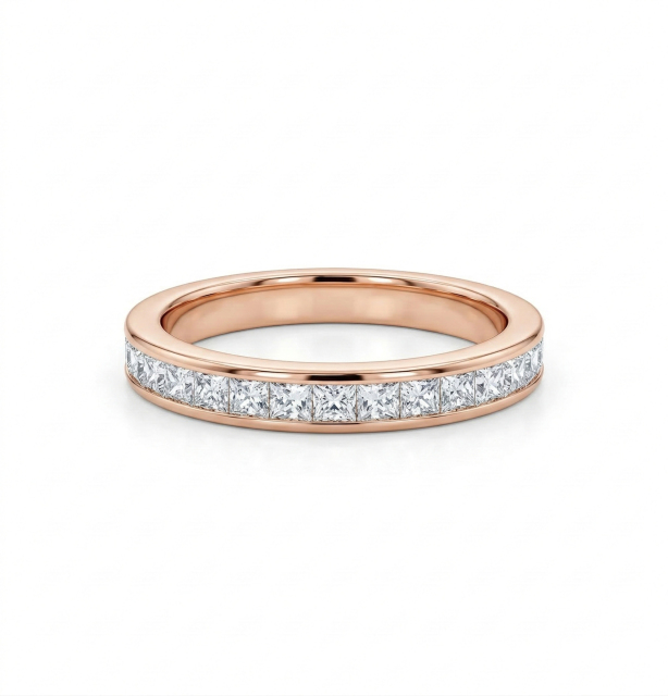 Front view of an 18K rose gold wedding ring featuring a seamless channel setting with high-clarity princess cut lab created diamonds.