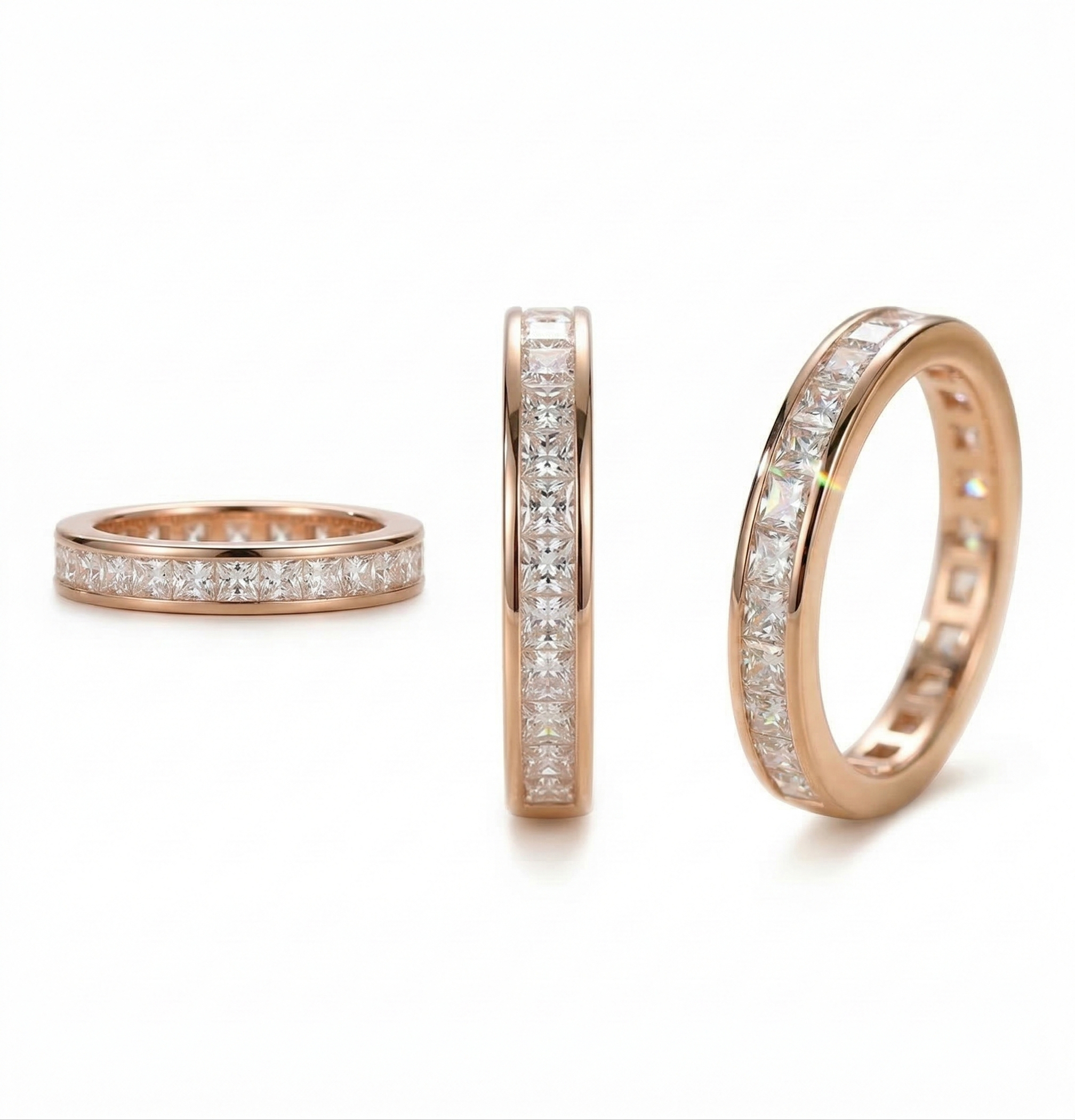 Multiple angles of a custom 18K gold eternity band, detailing the precise 90-degree corners of the princess cut diamonds and the secure channel metalwork.