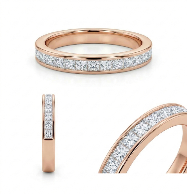 Extreme macro detailed render showing the tight, seamless integration of the princess cut lab-grown diamonds within the protective 18K gold channel walls.