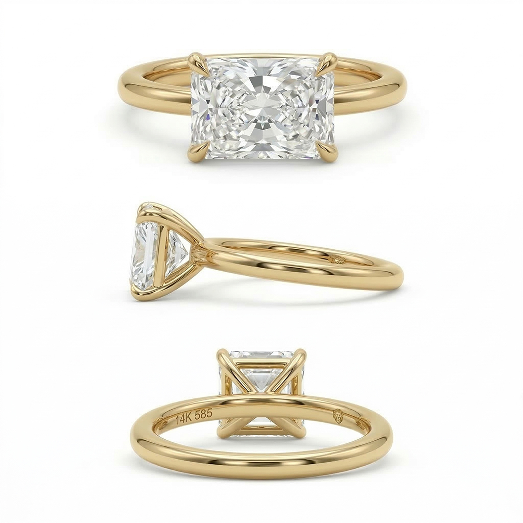 Comprehensive 3D rendering showing three distinct angles—top, side, and inner shank—of a 1.1ct radiant cut lab diamond east-west ring, revealing the 14K 585 gold hallmark and the robust cathedral gallery wire structure.