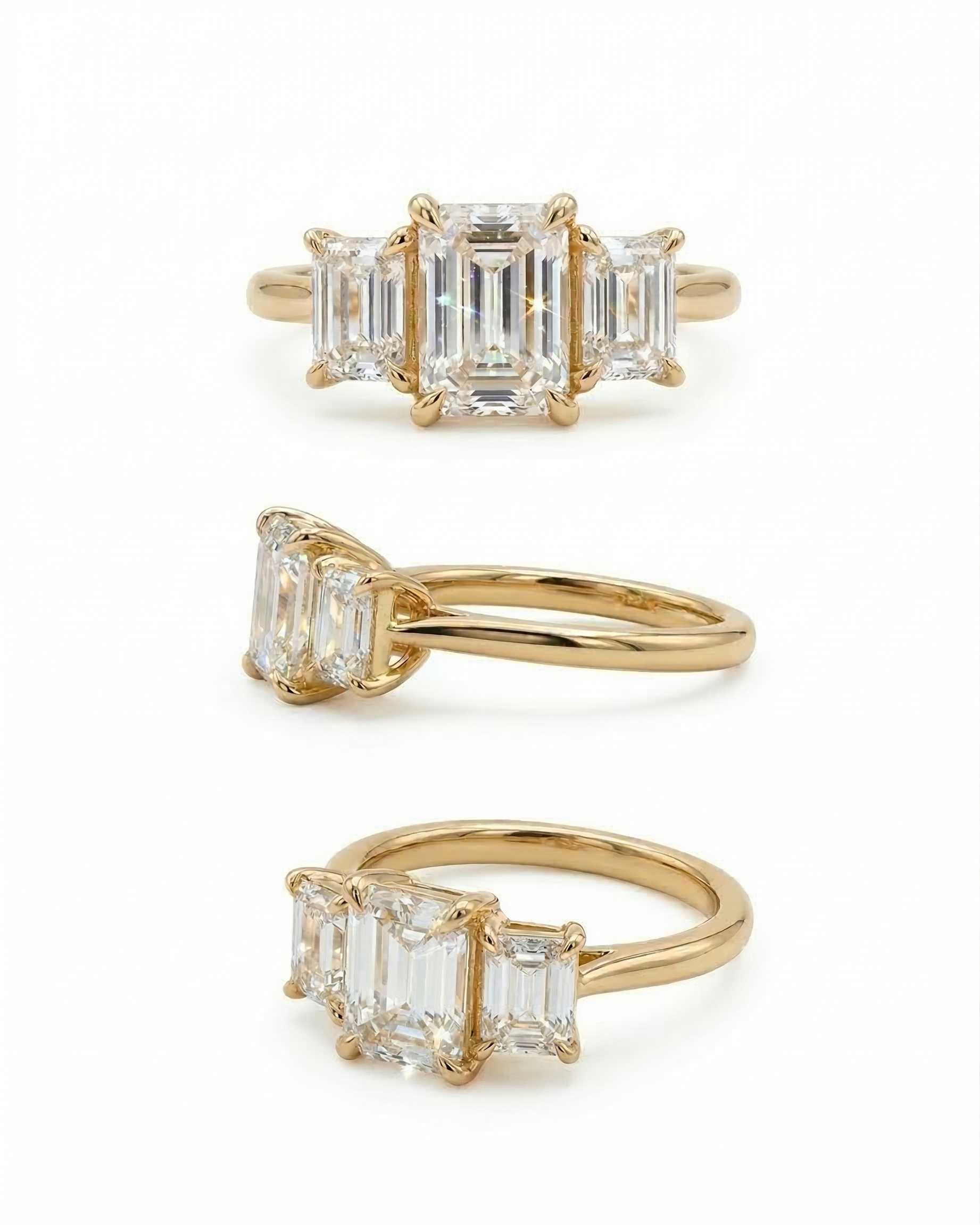 Top, profile, and angled views of a 2.75 carat emerald cut lab-grown diamond engagement ring set in 14K gold featuring a three-stone design.
