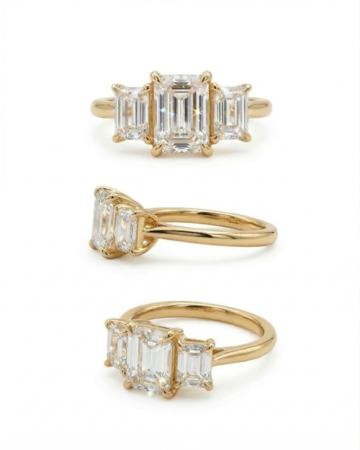 Top, profile, and angled views of a 2.75 carat emerald cut lab-grown diamond engagement ring set in 14K gold featuring a three-stone design.