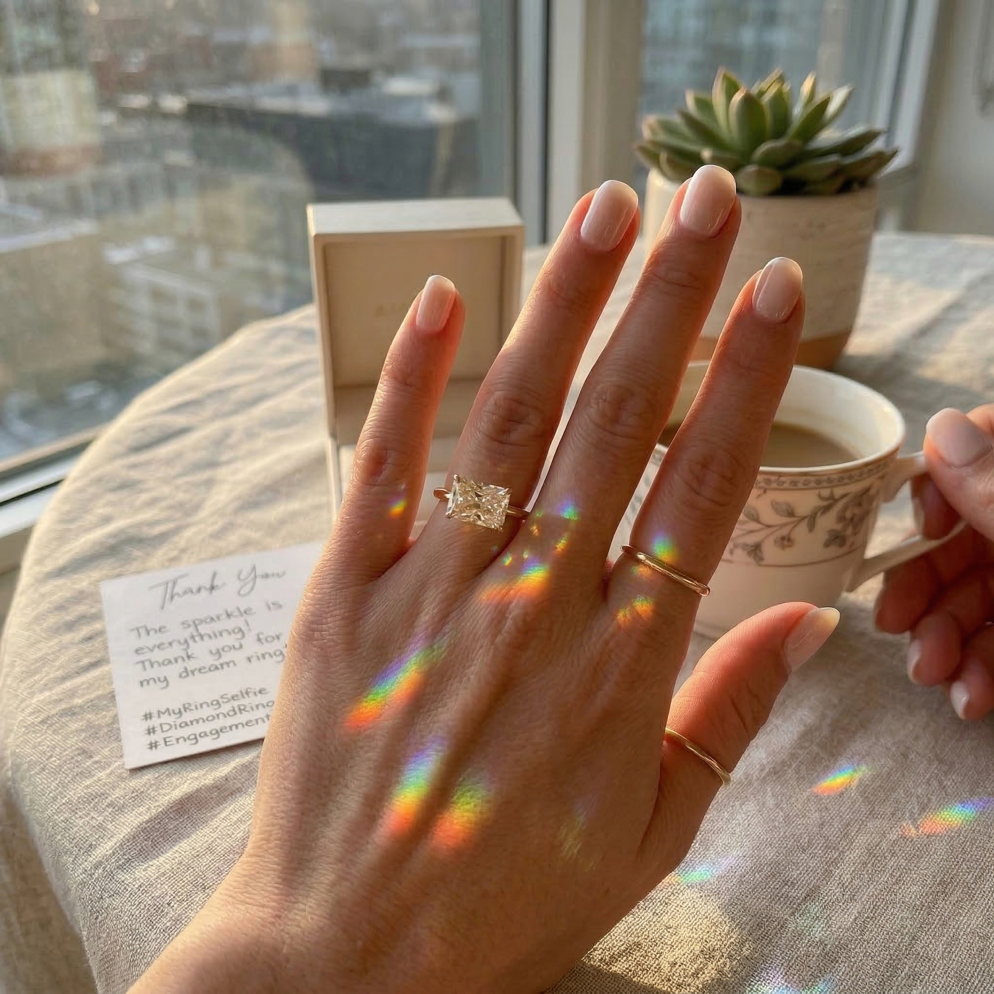 Hand shot capturing the intense rainbow fire and light dispersion of a 1.1 carat radiant cut lab diamond in an east-west 14K gold setting, illuminated by direct sunlight to demonstrate the superior optical performance of a 3EX cut.