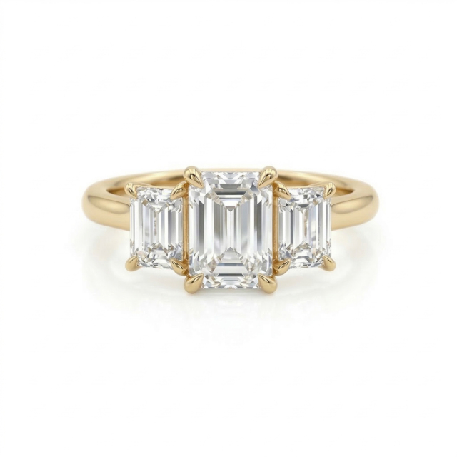 Direct top-down view of an E color VVS2 clarity 2.75 carat emerald cut lab-grown diamond flanked by two emerald cut side stones in 14K gold.