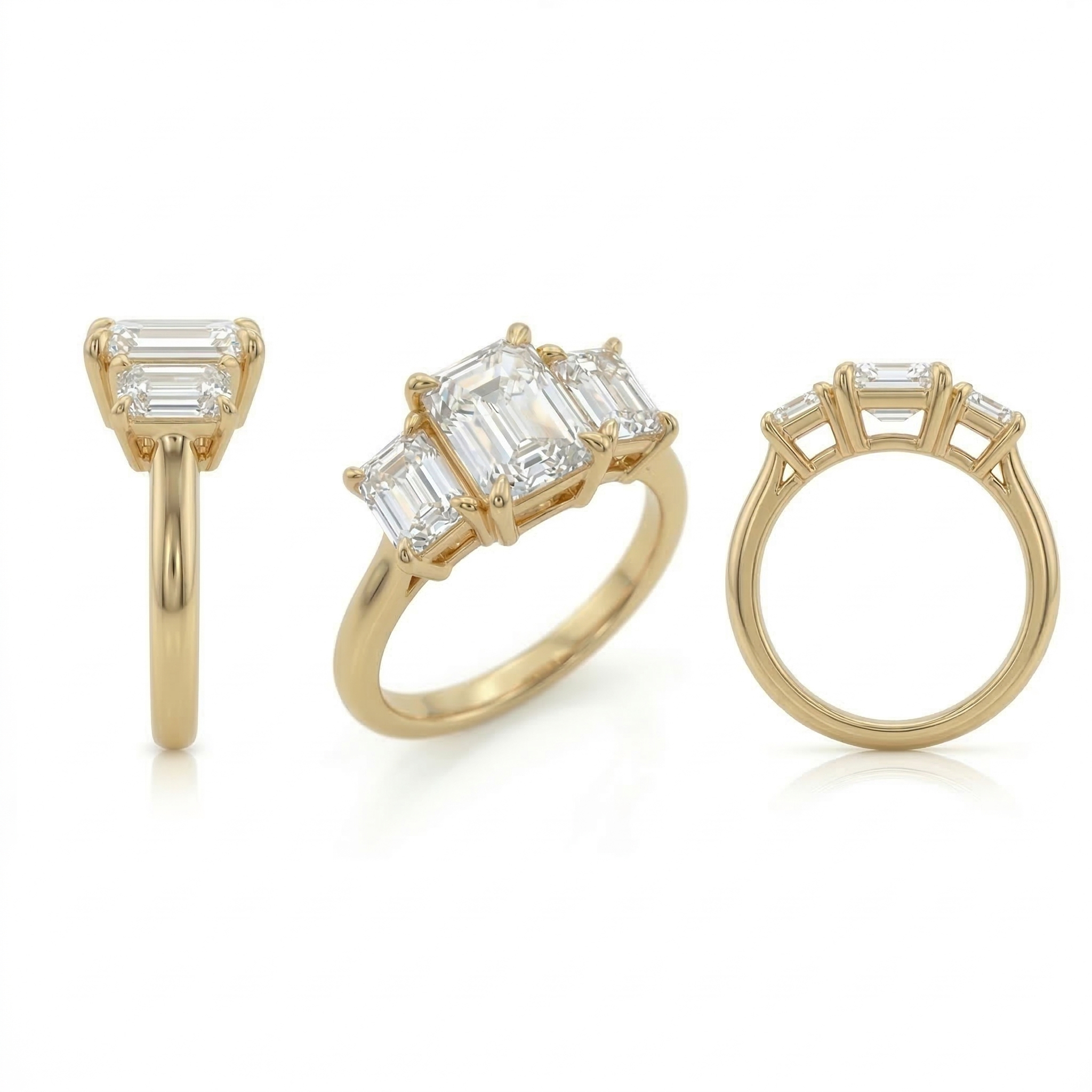 Side profile and back gallery view of a three-stone emerald cut lab-grown diamond ring showcasing an elegant trellis basket setting in 14K gold.
