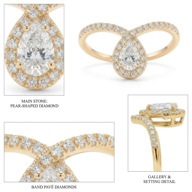 1.1ct Pear Cut Lab Grown Diamond Bypass Halo Engagement Ring | 14K Gold | IGI Certified