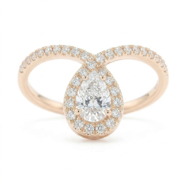 1.1ct Pear Cut Lab Grown Diamond Bypass Halo Engagement Ring | 14K Gold | IGI Certified