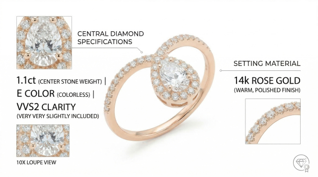 1.1ct Pear Cut Lab Grown Diamond Bypass Halo Engagement Ring | 14K Gold | IGI Certified