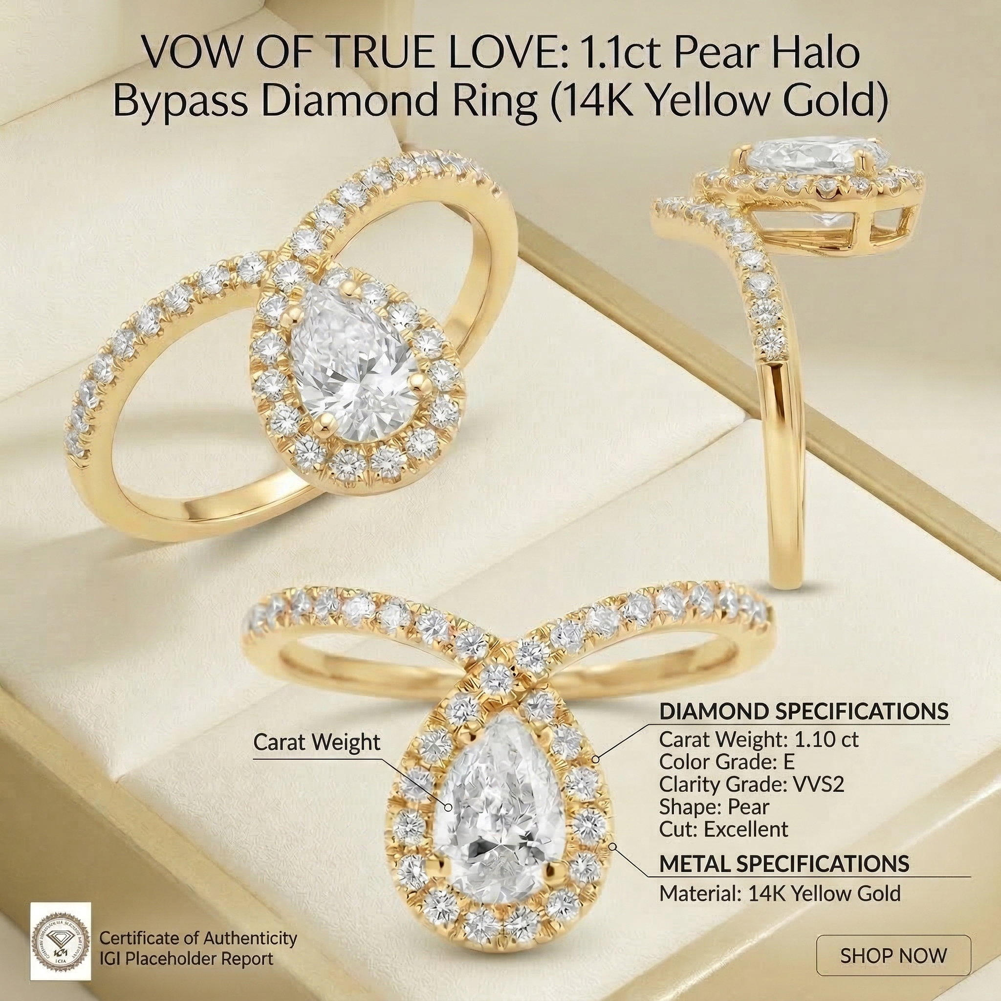 1.1ct Pear Cut Lab Grown Diamond Bypass Halo Engagement Ring | 14K Gold | IGI Certified