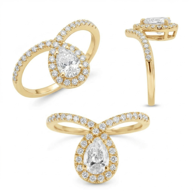 1.1ct Pear Cut Lab Grown Diamond Bypass Halo Engagement Ring | 14K Gold | IGI Certified