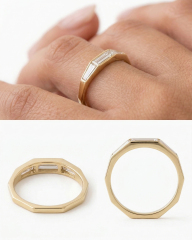 Woman wearing a 14K gold bezel set baguette lab diamond ring with top and bottom views of the minimalist band.