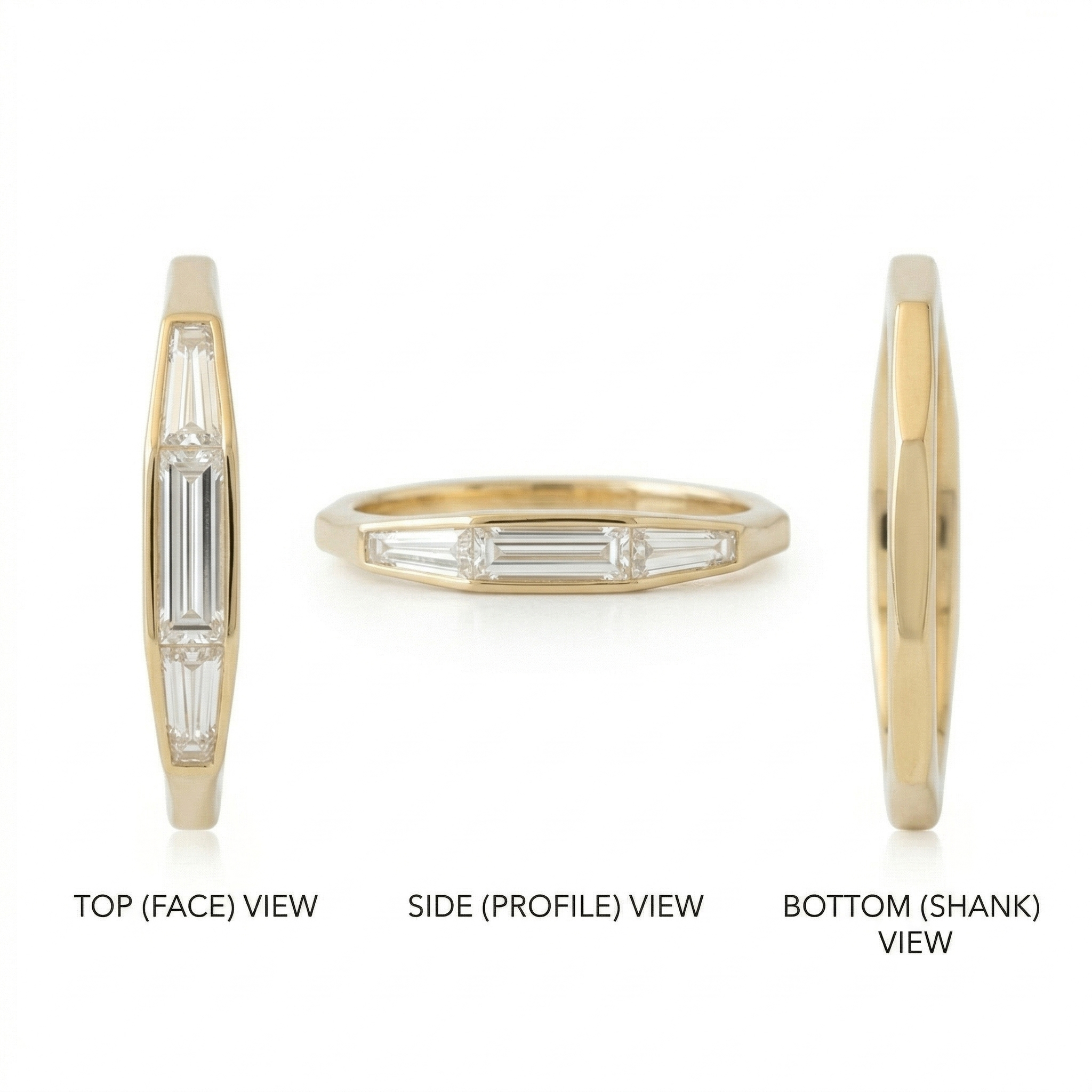Top, side, and bottom profile views of a 14K gold snag free bezel set baguette lab diamond wedding band.