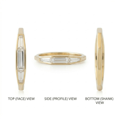 Top, side, and bottom profile views of a 14K gold snag free bezel set baguette lab diamond wedding band.