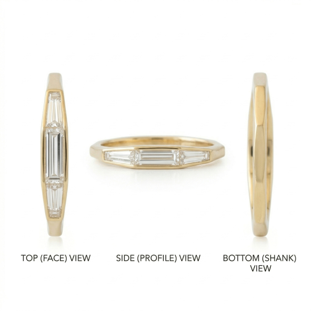 Top, side, and bottom profile views of a 14K gold snag free bezel set baguette lab diamond wedding band.