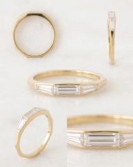 Multiple angles and macro close-up of a 14K gold bezel set step cut baguette lab diamond ring showing VVS clarity.