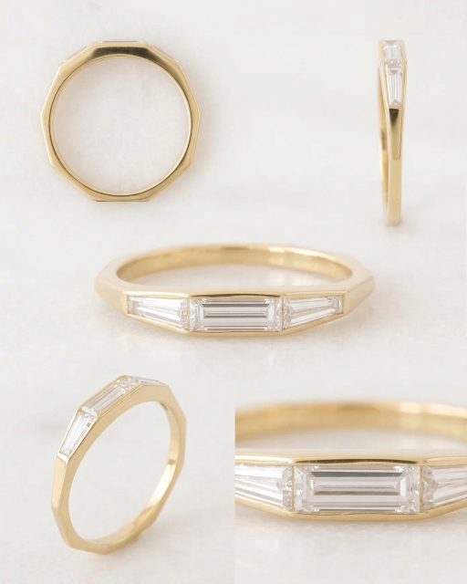 Multiple angles and macro close-up of a 14K gold bezel set step cut baguette lab diamond ring showing VVS clarity.