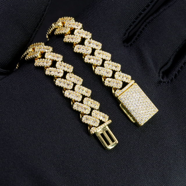 Front view of a 10mm wide iced out hip hop chain featuring VVS D-E color princess square and round cut moissanite stones set in S925 sterling silver.
