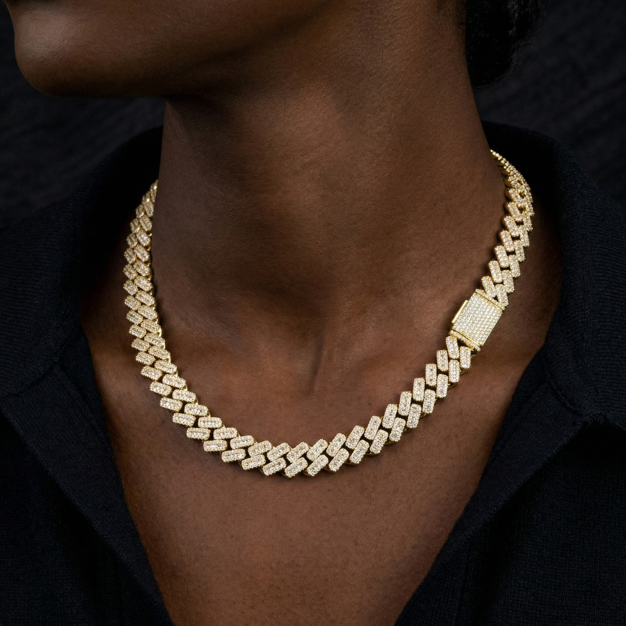 Male model confidently wearing the 10mm moissanite princess cut and round cluster chain, illustrating the ultimate hip hop luxury aesthetic.