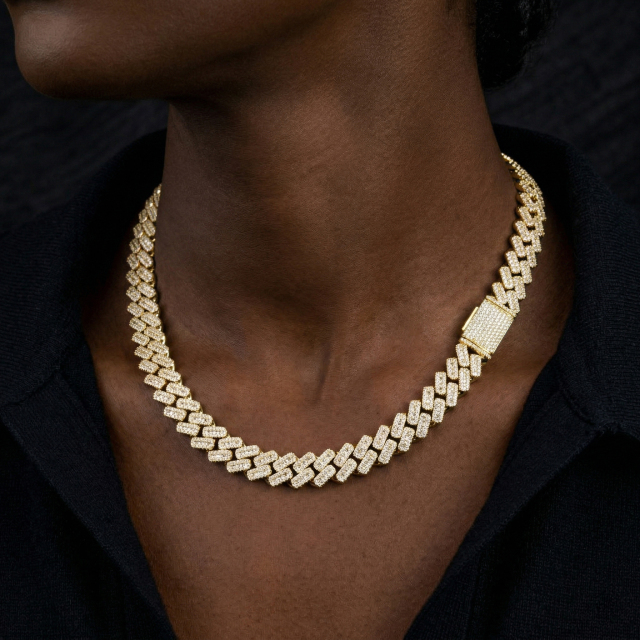 Male model confidently wearing the 10mm moissanite princess cut and round cluster chain, illustrating the ultimate hip hop luxury aesthetic.