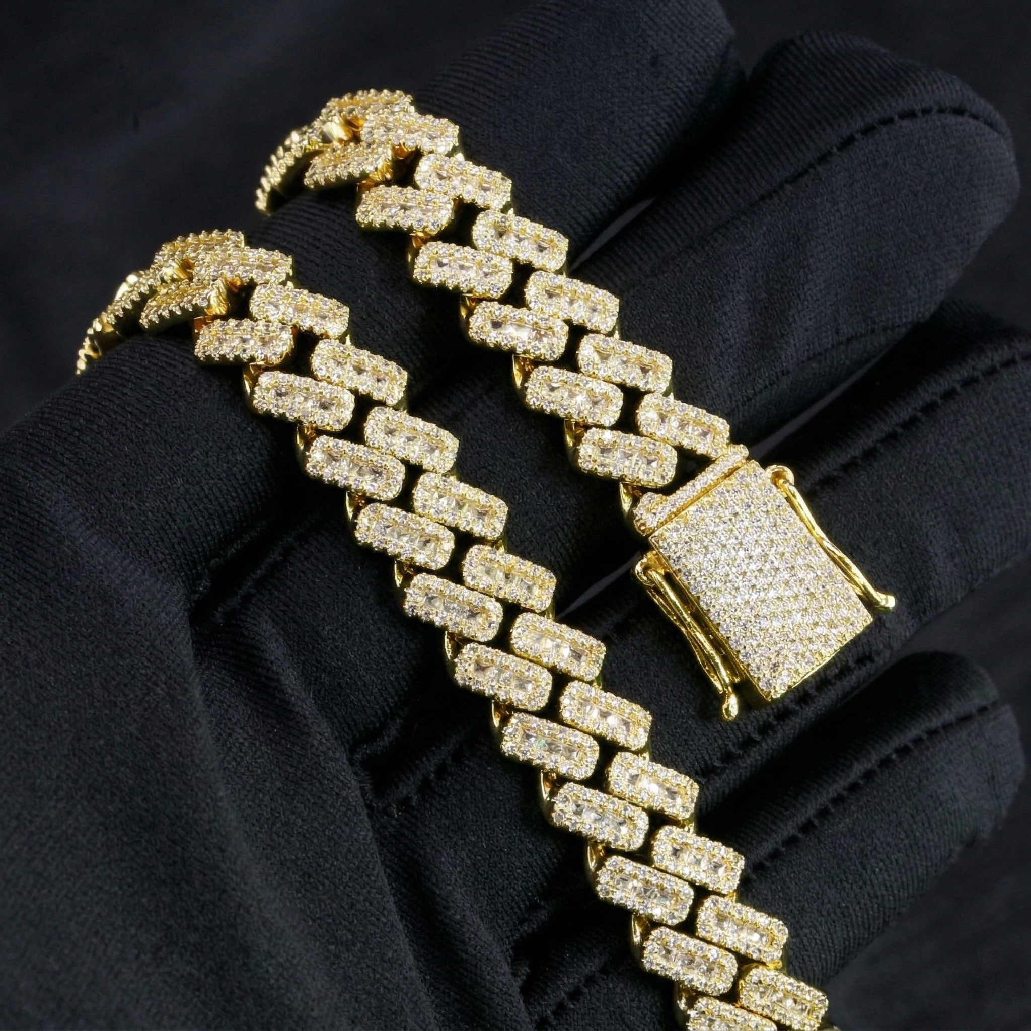 Hand holding the heavy 10mm moissanite hip hop chain, revealing the custom heavy-duty box lock clasp with dual safety latches for maximum security.