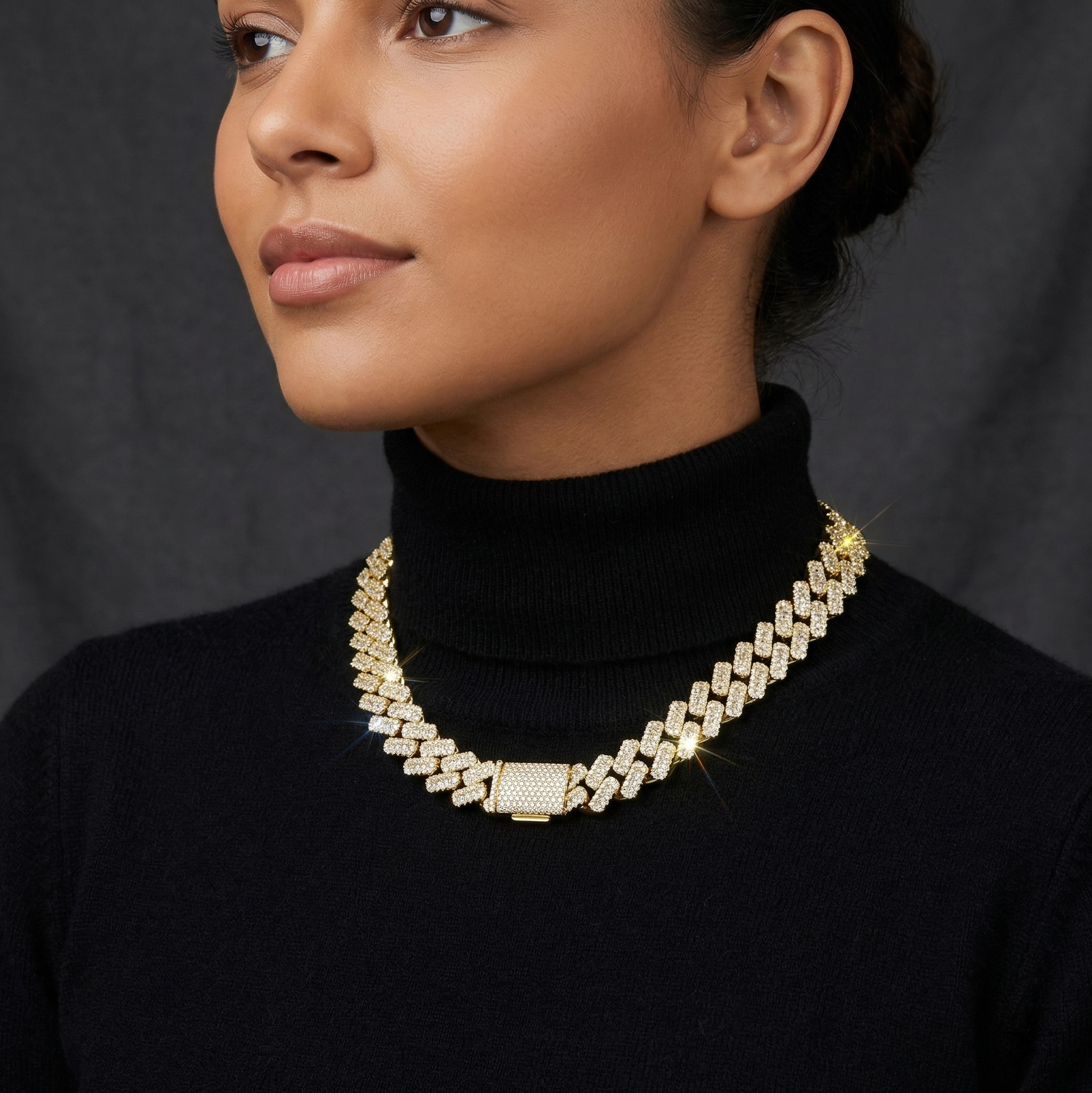 Elegant female model wearing a black turtleneck paired with a sparkling 10mm VVS moissanite diamond alternative iced out necklace.
