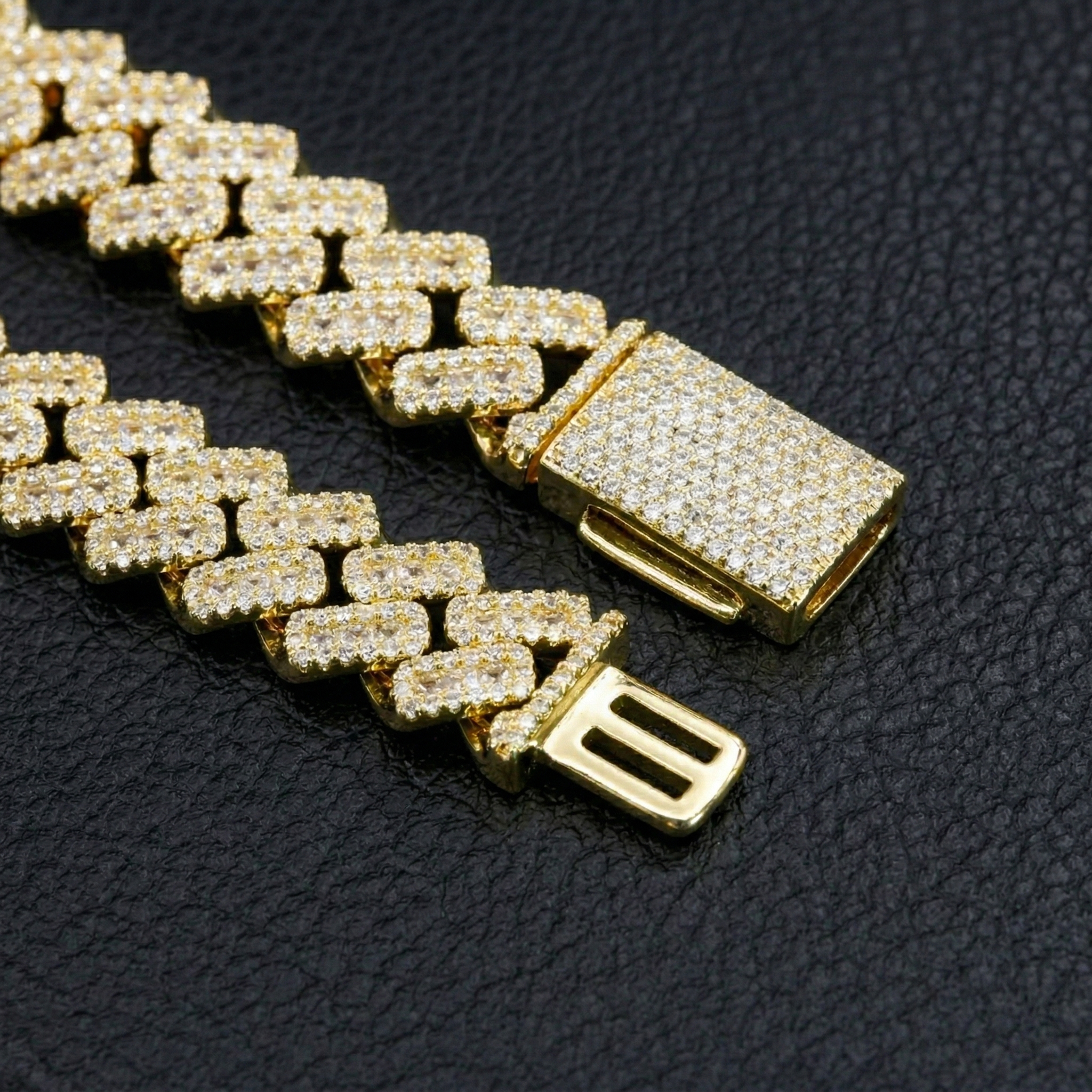 Detailed macro shot of the highly polished S925 sterling silver box clasp on a premium moissanite iced out chain, showing impeccable 18-year factory craftsmanship.