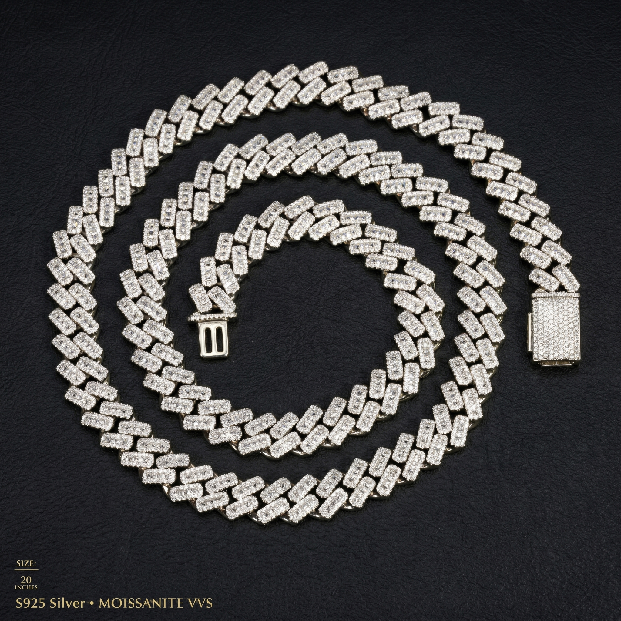 Top-down view of a brilliant white gold plated S925 sterling silver moissanite chain featuring exceptional fire and light dispersion.
