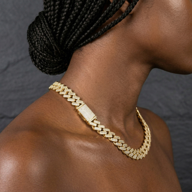 Female model wearing the 10mm moissanite princess cut chain showcasing modern hip hop streetwear fashion and high-end iced out jewelry trends.
