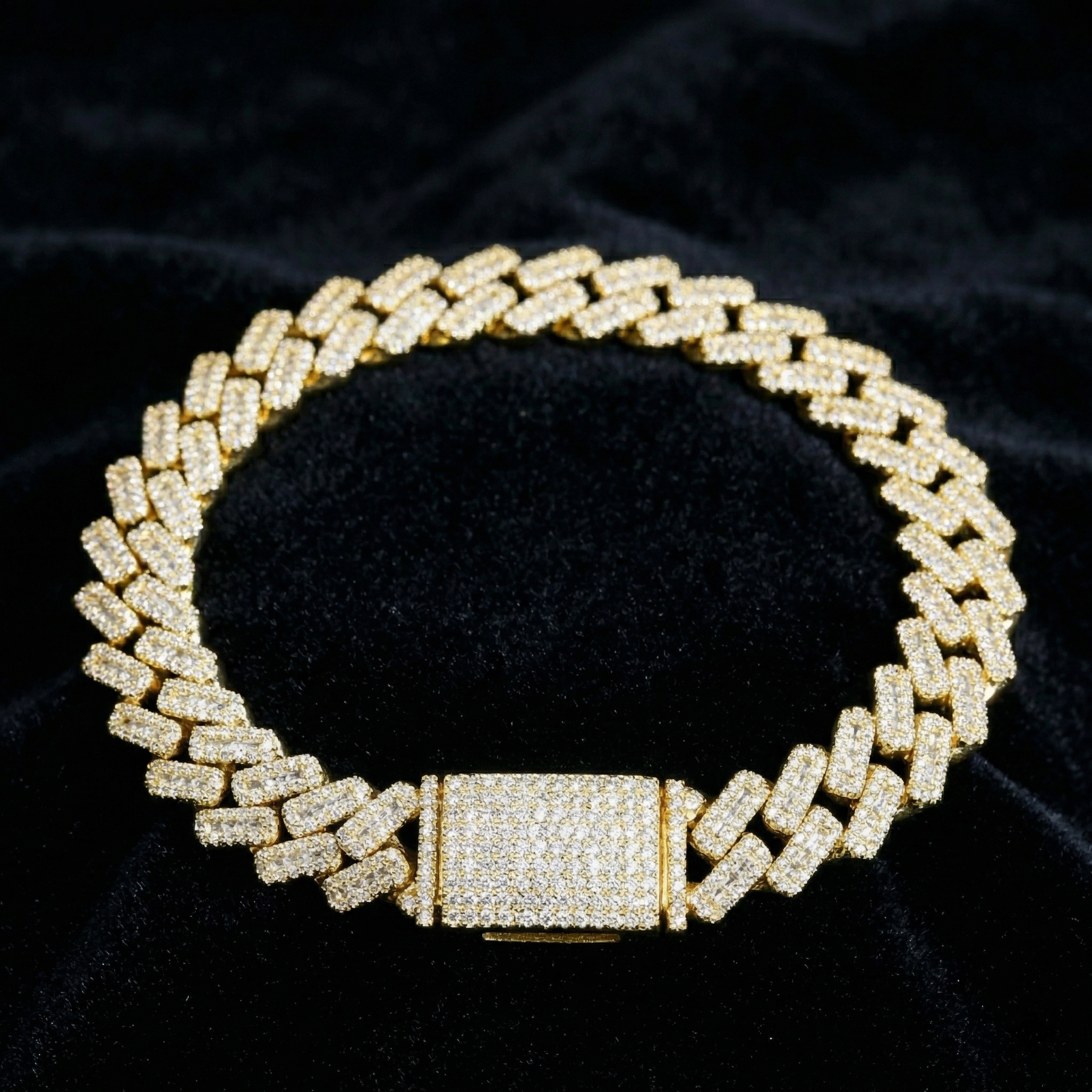 Front view of a completely iced out 10mm moissanite hip hop bracelet crafted in premium S925 sterling silver, featuring a secure box clasp.
