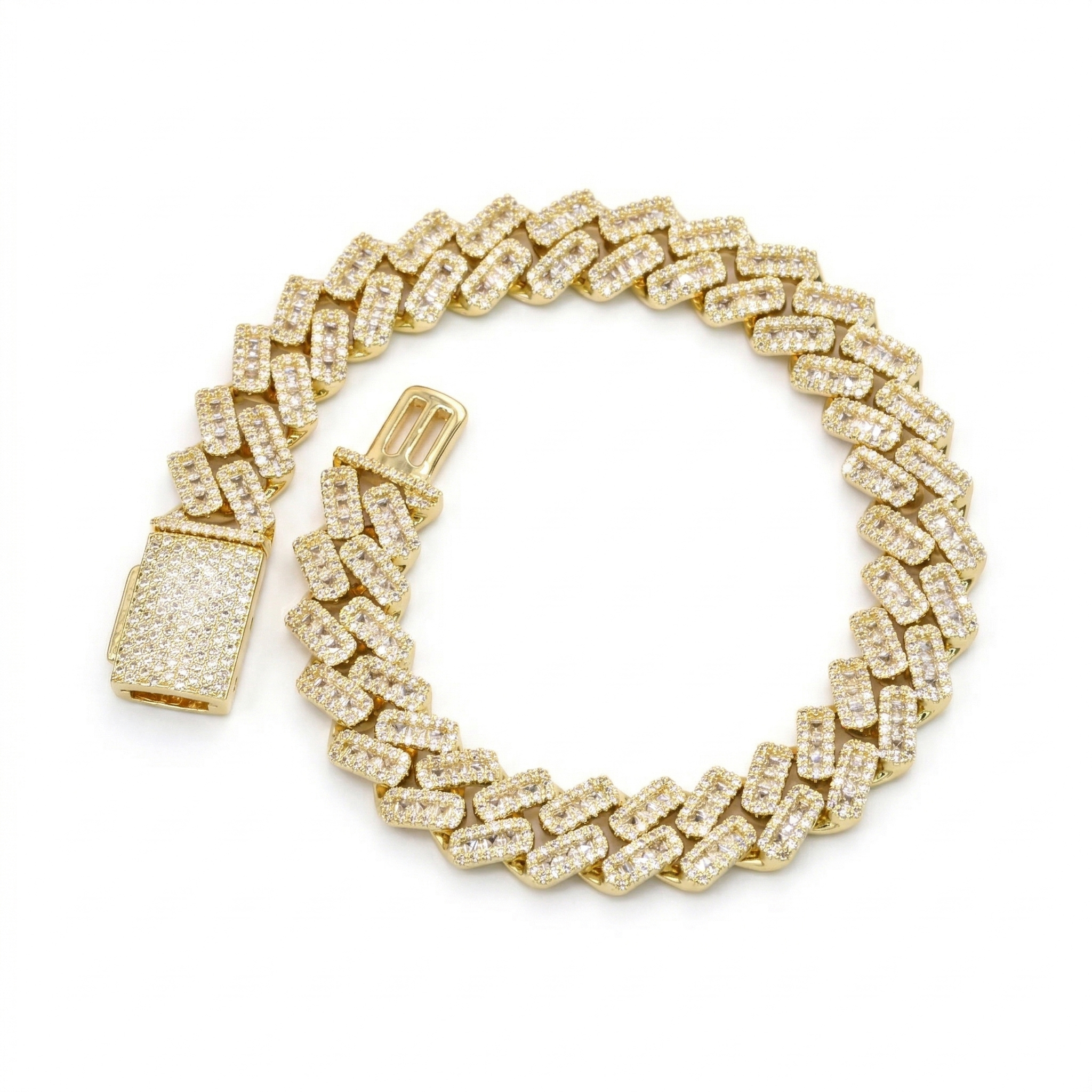 Overhead view of the unclasped 10mm moissanite bracelet, illustrating the hybrid Cuban link and tennis chain architecture with D-E color stones.