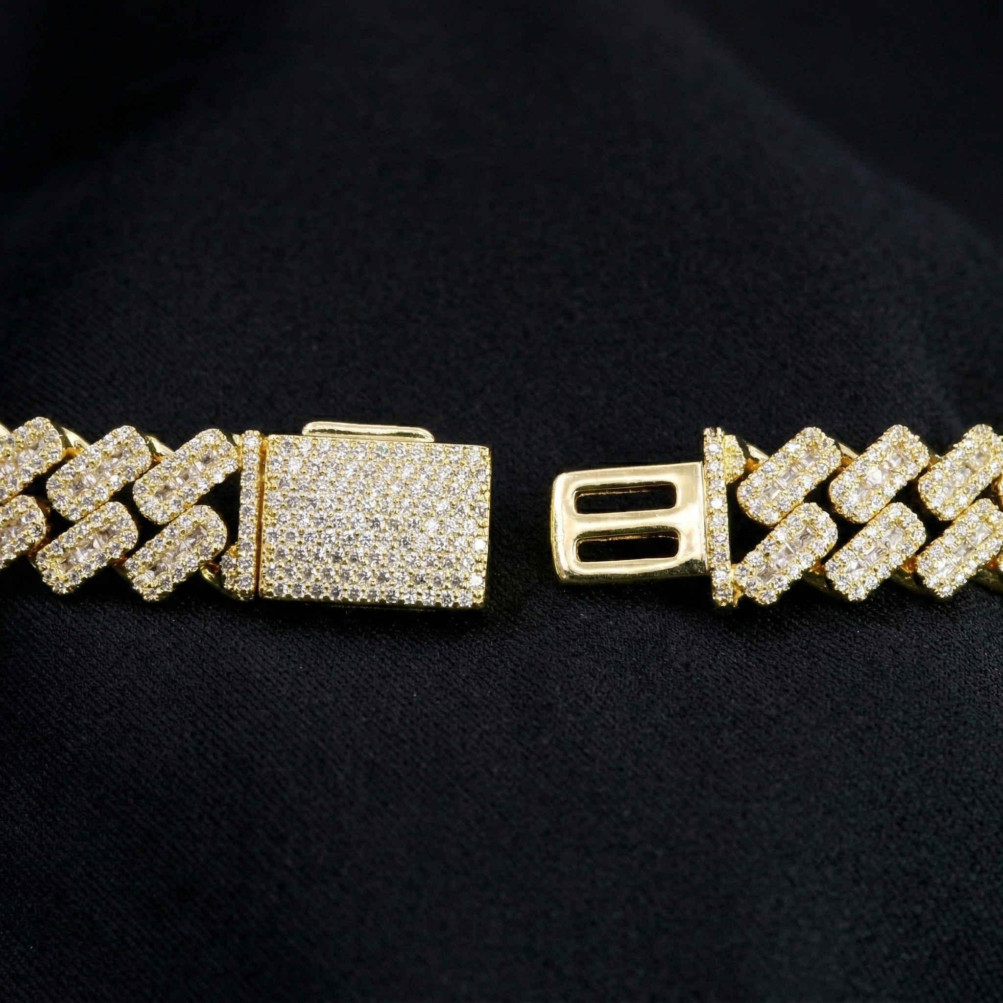 Detailed view of the S925 sterling silver locking mechanism on the iced out moissanite bracelet, ensuring secure daily wear for hip hop jewelry.