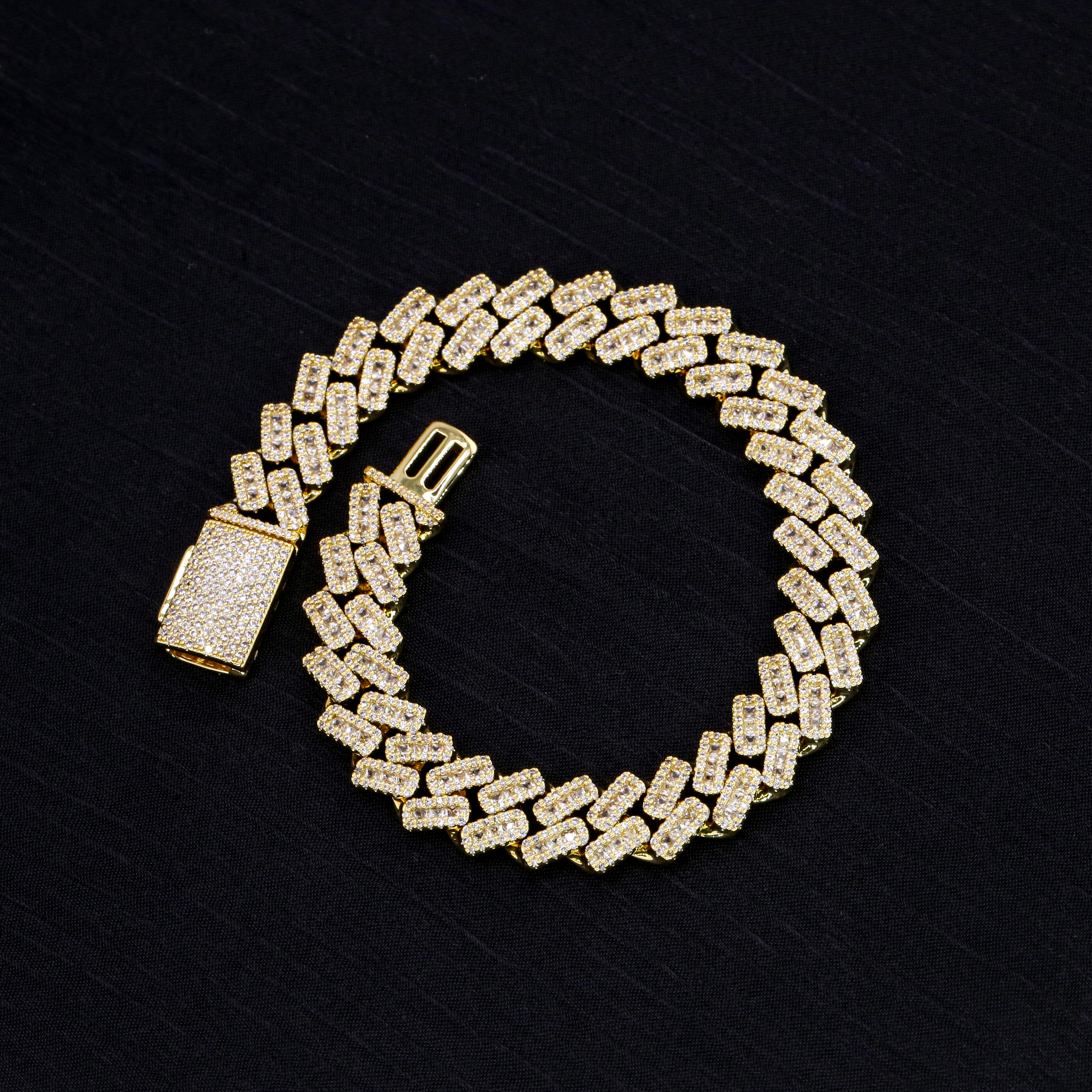 The 10mm VVS excellent cut moissanite bracelet displayed elegantly on a black velvet background, ready to pass any thermal diamond tester.