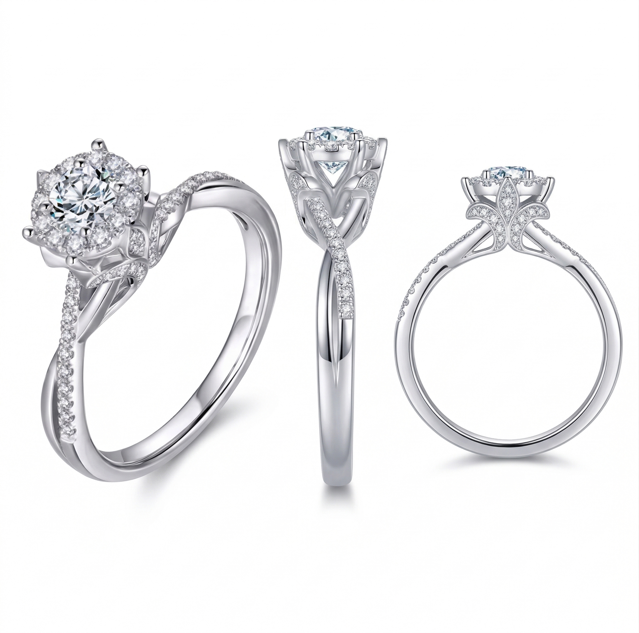 Three comprehensive angles of an 18K gold engagement ring featuring a 0.6 carat round lab-grown diamond, a radiant halo, and a twisted pave shank.