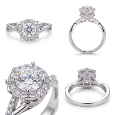 Detailed view of the engagement ring's under-gallery, demonstrating the exquisite 18K white gold craftsmanship and the fluid lines of the twisted pave band.