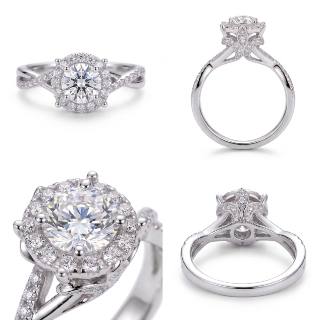 Detailed view of the engagement ring's under-gallery, demonstrating the exquisite 18K white gold craftsmanship and the fluid lines of the twisted pave band.