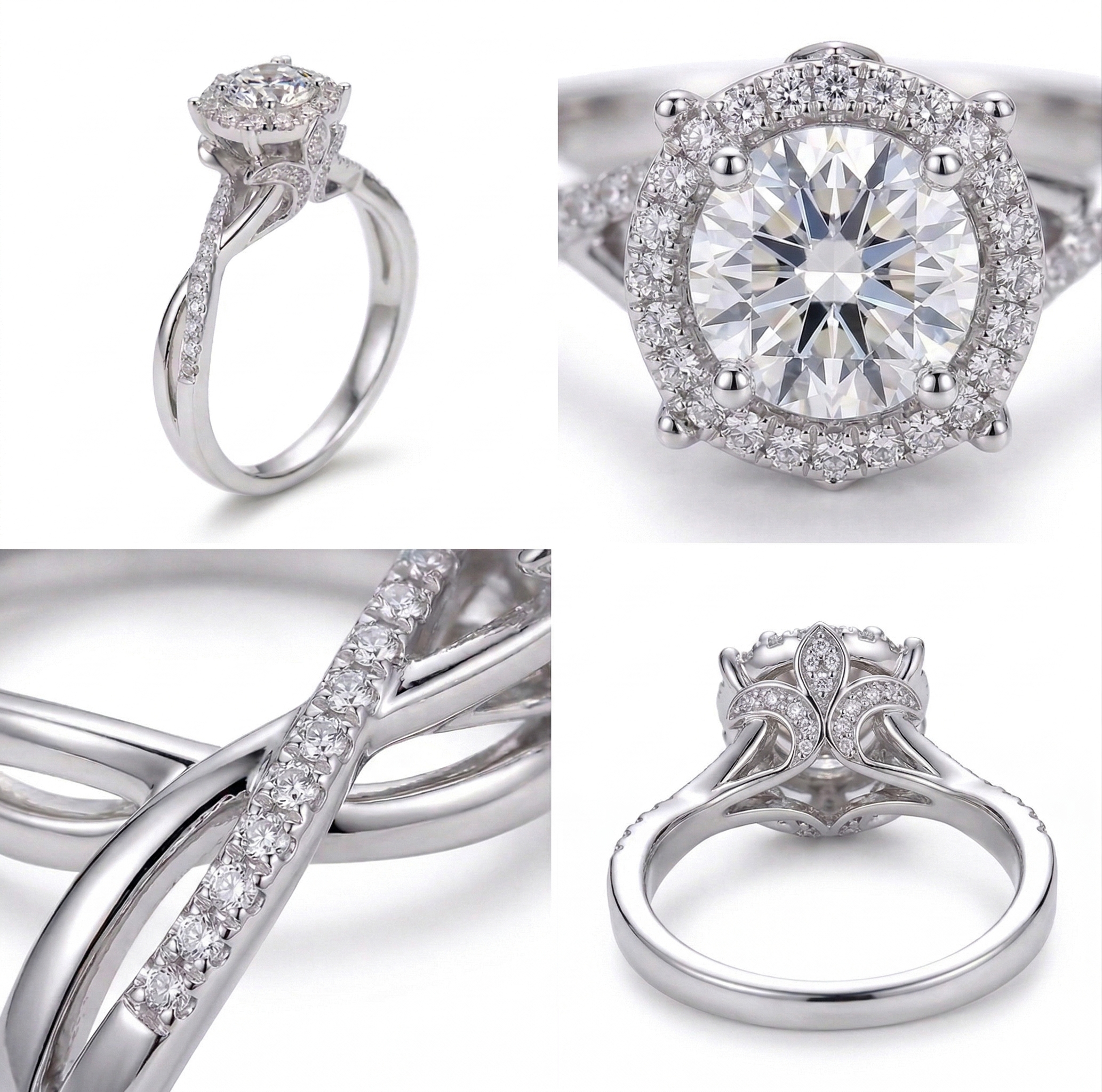 Top-down macro view capturing the flawless D-color and VVS2 clarity of the 0.6 carat round HPHT lab diamond surrounded by a brilliant pave halo.