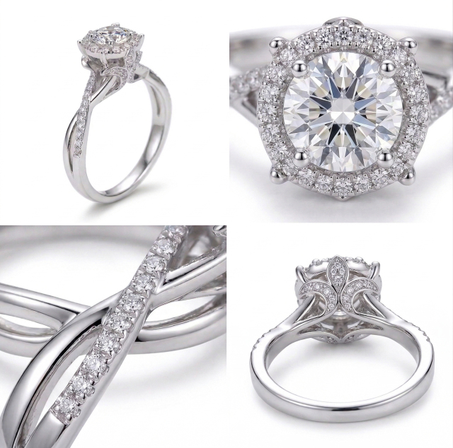 Top-down macro view capturing the flawless D-color and VVS2 clarity of the 0.6 carat round HPHT lab diamond surrounded by a brilliant pave halo.