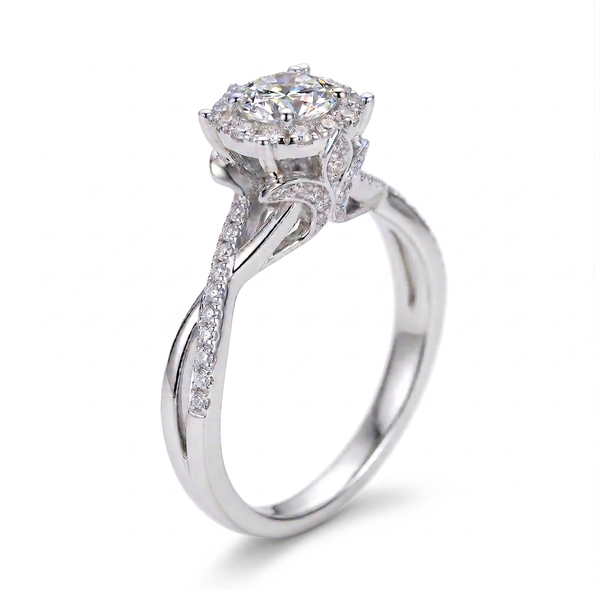 Side profile of an elegant engagement ring showcasing the ornate filigree petal basket setting that elevates the brilliant round center diamond.