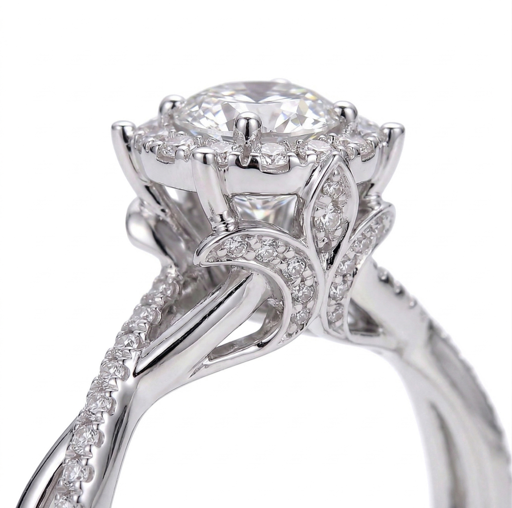 Extreme macro view of the filigree petal structure, emphasizing the delicate side-set pave diamonds that provide hidden sparkle from every side angle.