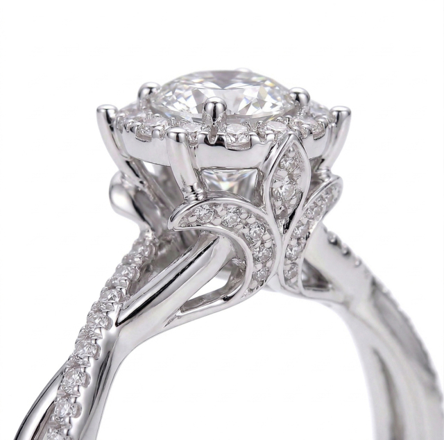 Extreme macro view of the filigree petal structure, emphasizing the delicate side-set pave diamonds that provide hidden sparkle from every side angle.