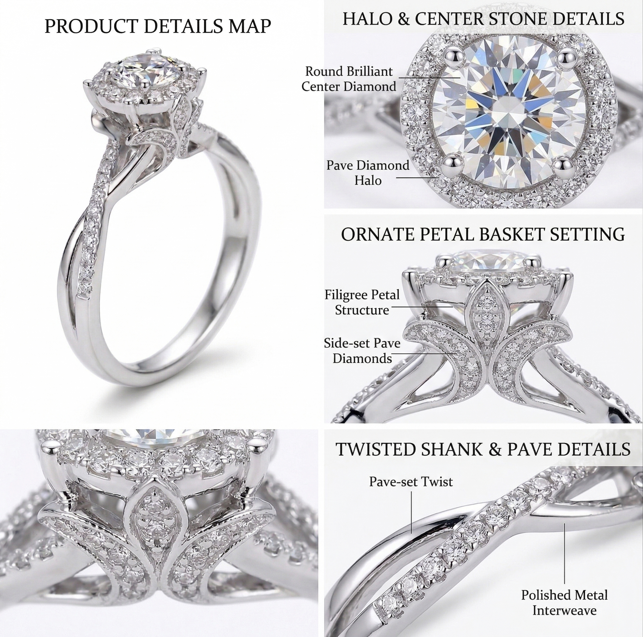 Detailed structural breakdown of the ring design highlighting the pave diamond halo, filigree petal basket, side-set pave diamonds, and polished twisted metal interweave.