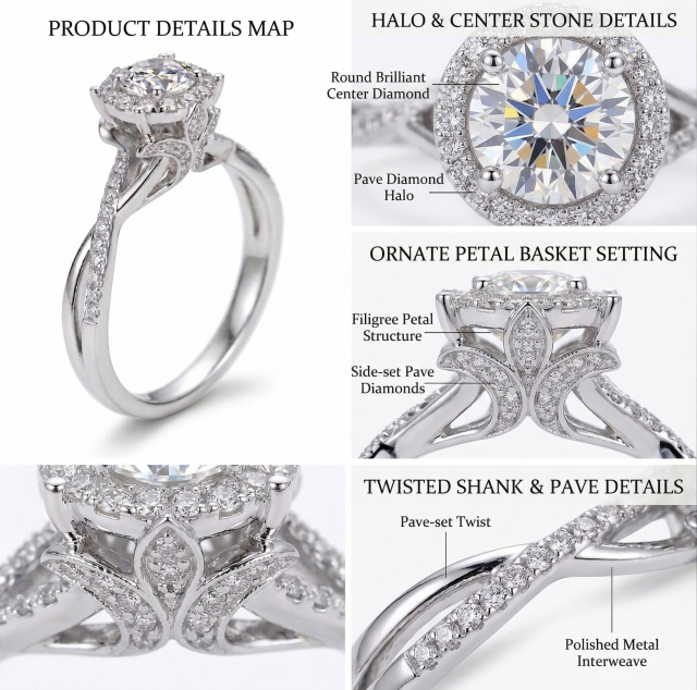 Detailed structural breakdown of the ring design highlighting the pave diamond halo, filigree petal basket, side-set pave diamonds, and polished twisted metal interweave.